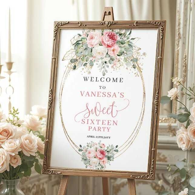 Affiche Panneau de bienvenue romantique poussiéreux rose f (Romantic Dusty Pink Floral Sweet 16 Welcome)