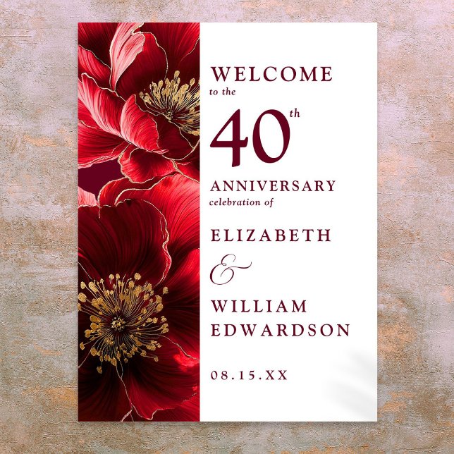Affiche Panneau de bienvenue Ruby Red Chic Floral 40e anni (Ruby Red Chic Floral 40th Anniversary Welcome Sign)