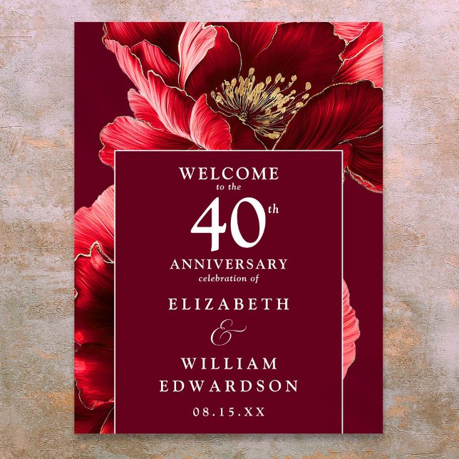 Affiche Panneau de bienvenue Ruby Red Floral 40e anniversa (Ruby Red Floral 40th Anniversary Welcome Sign)