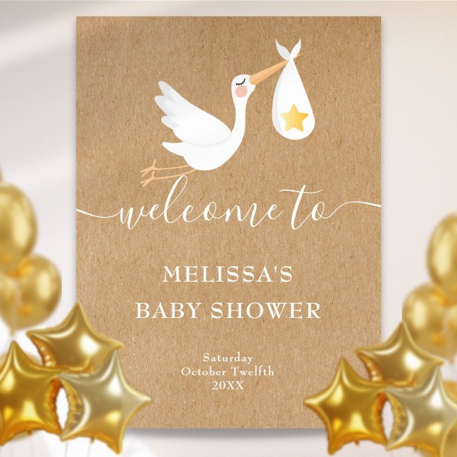 Affiche Panneau de bienvenue Rustique Cigogne Étoile d'Or  (Rustic Stork Gold Star Baby Shower Welcome Sign)