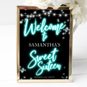 Affiche Panneau de bienvenue Sweet 16 Birthday Teal Neon G