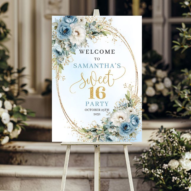 Affiche Panneau de bienvenue Sweet 16 Bleu pastel bohème (Bohemian Pastel Blue Sweet 16 Welcome Sign)