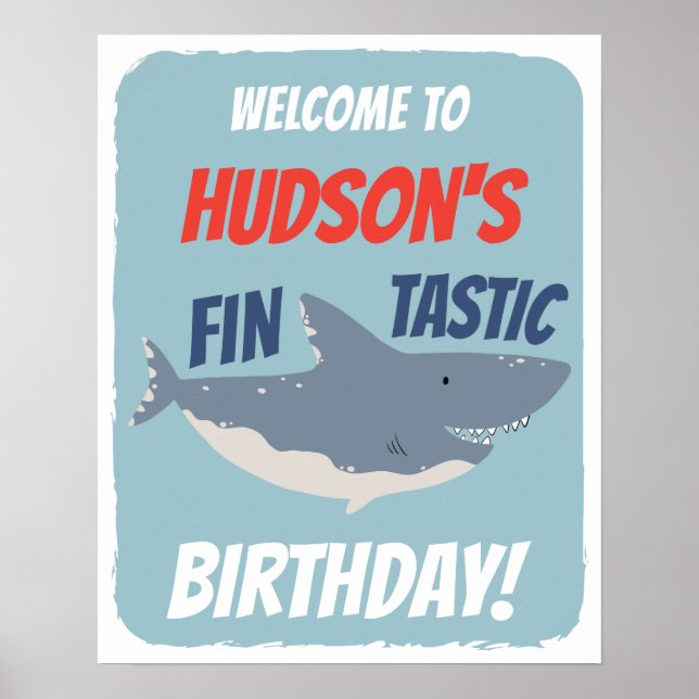 Affiche Panneau de bienvenue thème d'anniversaire requin f (Devant)