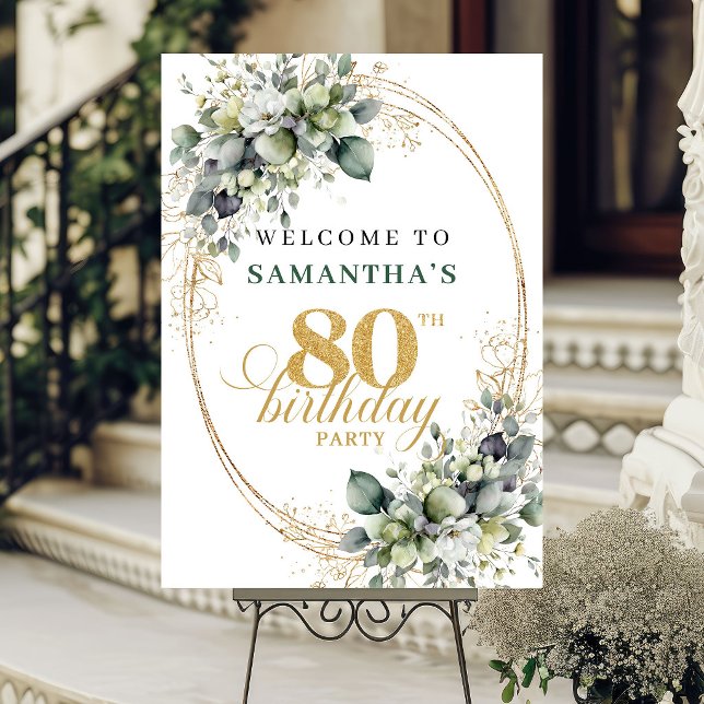 Affiche Panneau de bienvenue vert et or pour 80e anniversa (Boho 80th Birthday Green and Gold Welcome Sign)