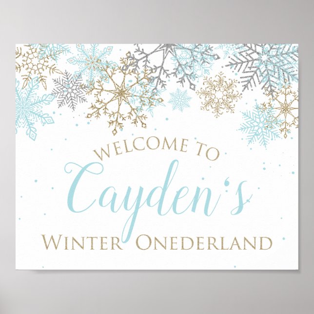 Affiche Panneau de bienvenue Winter Onederland bleu et or (Devant)