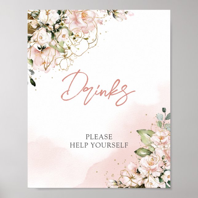 Affiche Panneau de boissons bohème rose poudré or floral (Devant)
