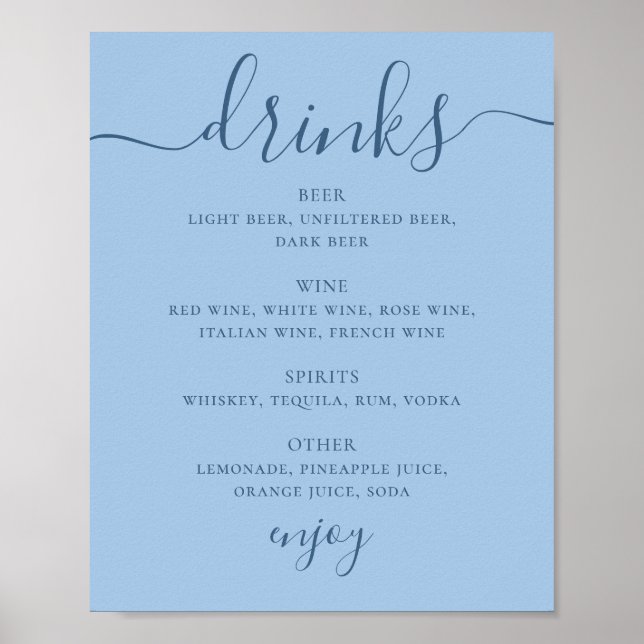 Affiche Panneau de boissons de bar de mariage moderne bleu (Devant)