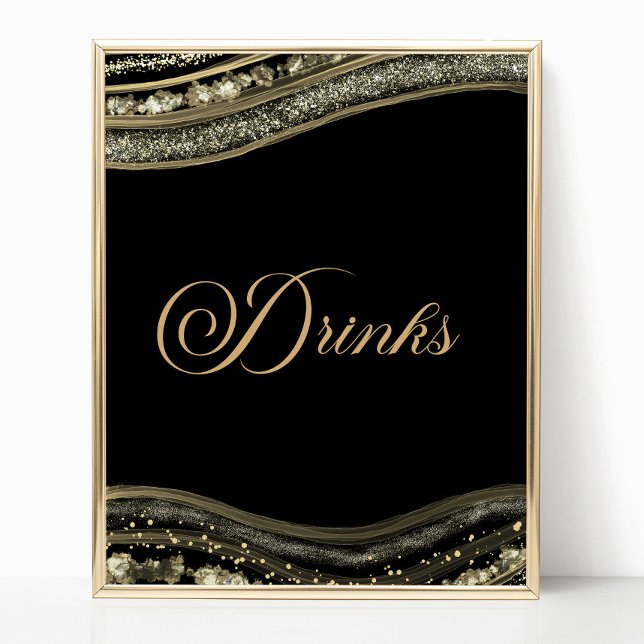 Affiche Panneau de boissons de fête en agate noir élégant (Créateur téléchargé)