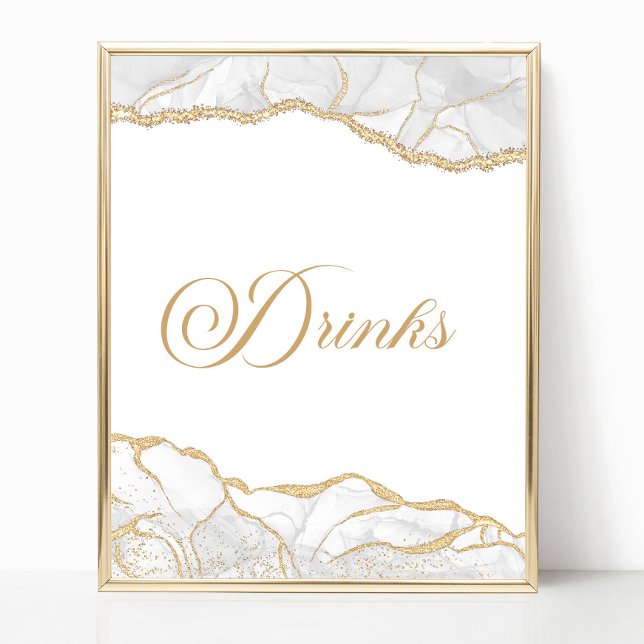 Affiche Panneau de boissons de fête en agate or blanc élég (Créateur téléchargé)