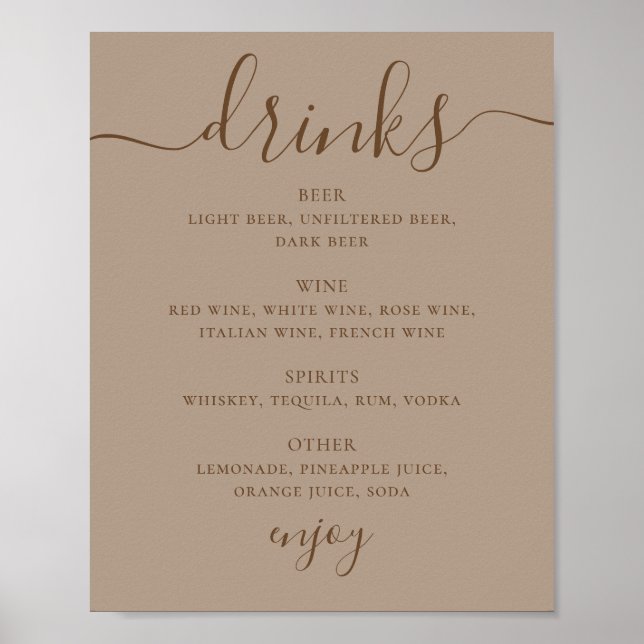 Affiche Panneau de boissons de mariage en taupe poussiéreu (Devant)
