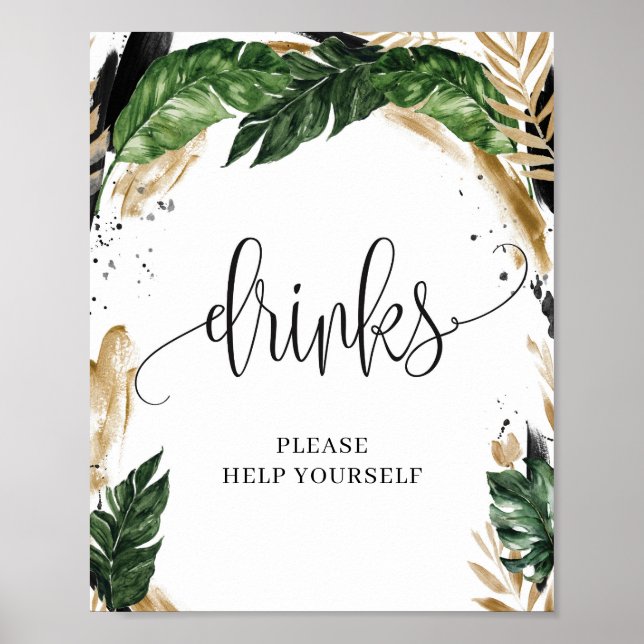 Affiche Panneau de boissons dorées florales feuilles tropi (Devant)