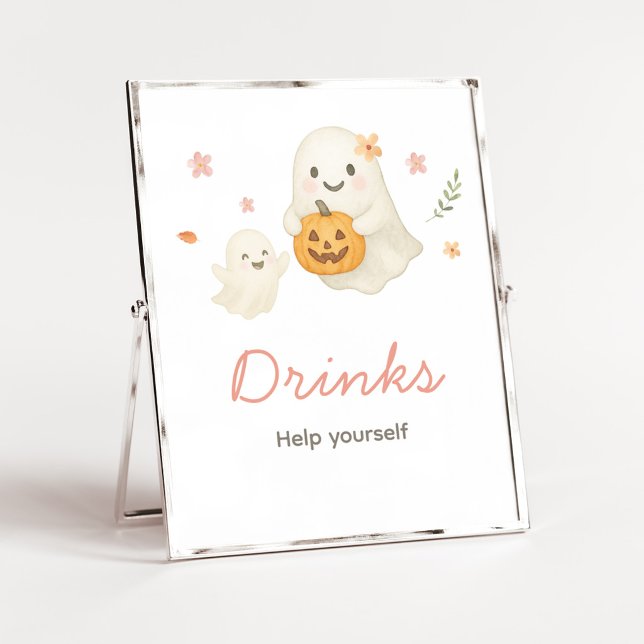 Affiche Panneau de boissons Halloween Little Boo rose (Pink Halloween Little Boo Baby Shower Drinks Sign)
