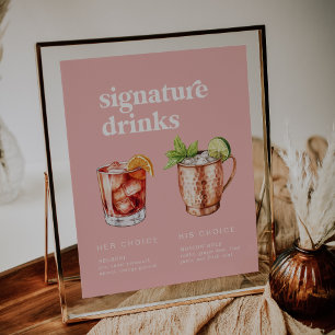 Affiche Panneau de boissons signature été rétro rose aquar