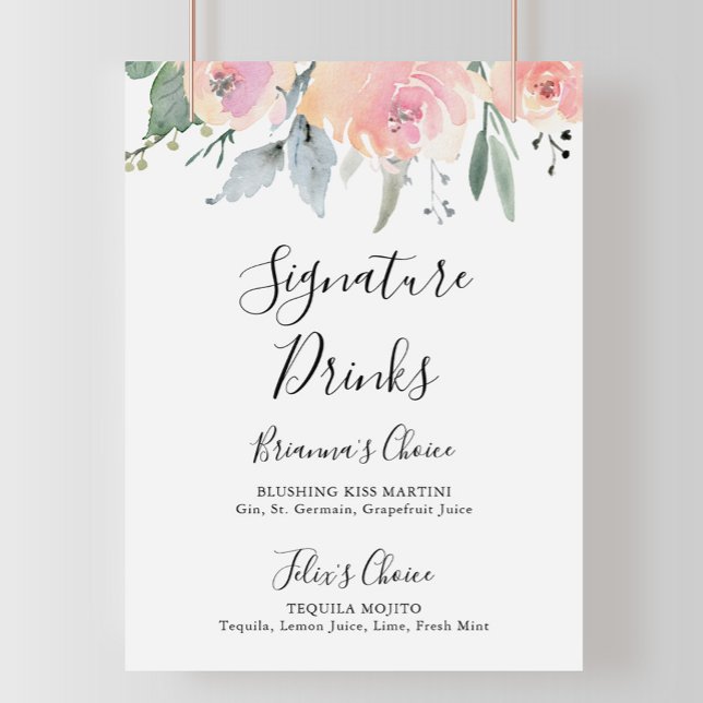 Affiche Panneau de boissons signature Fleurs roses élégant (Créateur téléchargé)