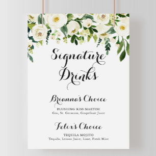 Affiche Panneau de boissons signature floral automne blanc