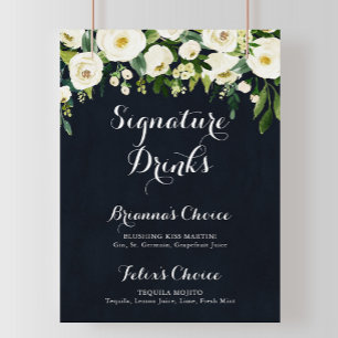 Affiche Panneau de boissons signature floral blanc bleu ve