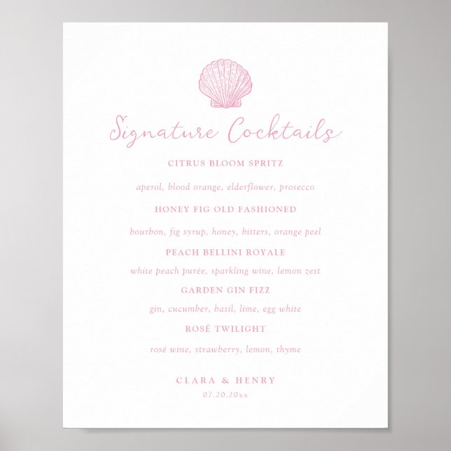 Affiche Panneau de boissons signature mariage côtier rose  (Devant)