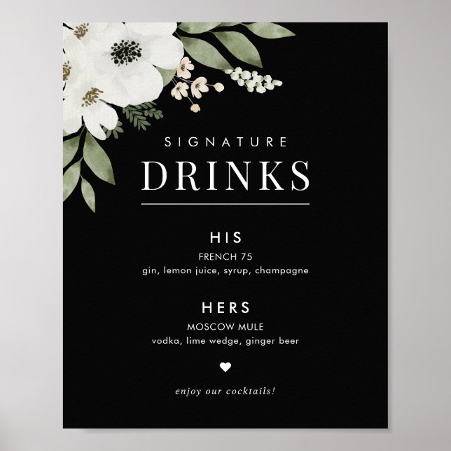 Affiche Panneau de boissons signatures de mariage florales (Devant)