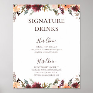 Affiche Panneau de boissons signatures florales orange de 