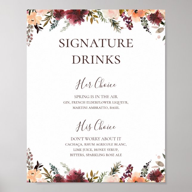 Affiche Panneau de boissons signatures florales orange de  (Devant)