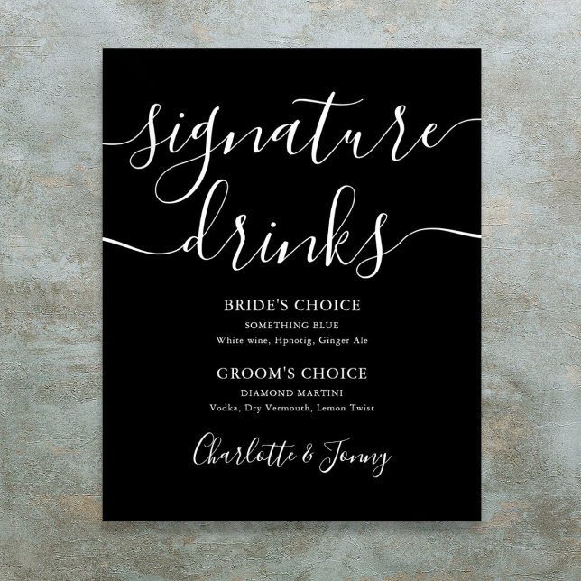Affiche Panneau de boissons signatures noir et blanc (Black And White Script Signature Drinks Sign)