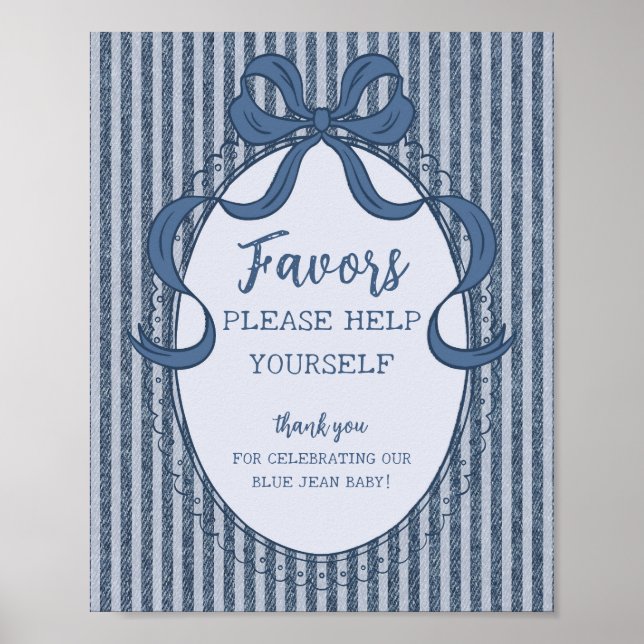 Affiche Panneau de cadeaux bébé en jean bleu à noeud coque (Devant)