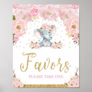 Affiche Panneau de cadeaux de bébé éléphant floral rose po