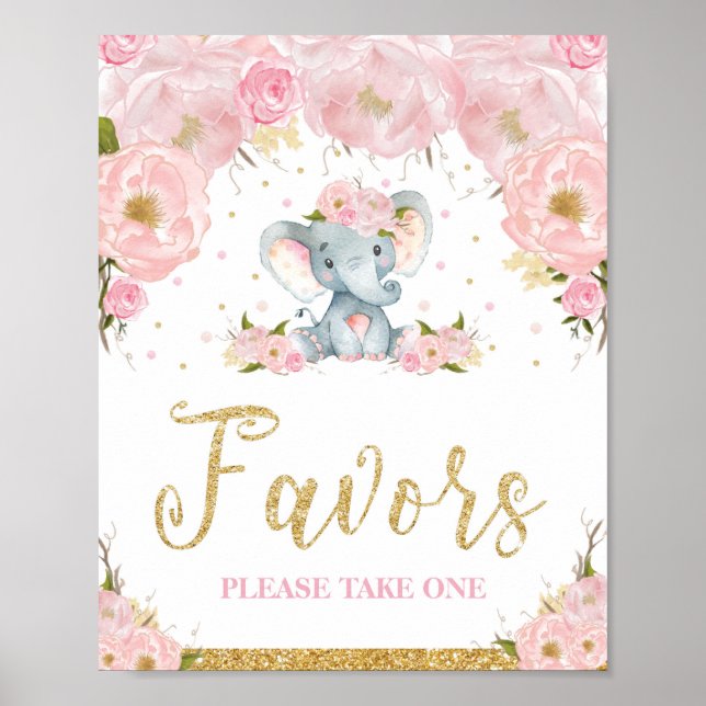 Affiche Panneau de cadeaux de bébé éléphant floral rose po (Devant)