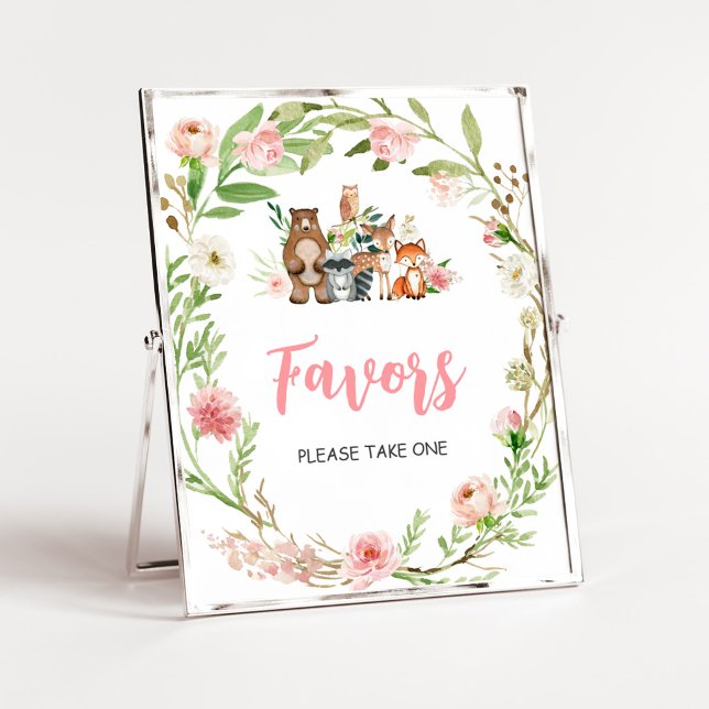 Affiche Panneau de cadeaux de bébé Floral Rose Fête de la  (Girl Woodland Animals Baby Shower Favors Sign)