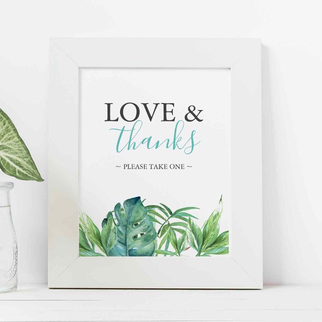 Affiche Panneau de cadeaux de mariage sur la plage tropica (tropical beach wedding favors sign with watercolor palm leaves and love and thanks)