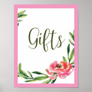 Affiche Panneau de cadeaux floraux à l'aquarelle rose et v