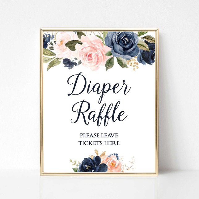 Affiche Panneau de caleçon Marine & Baby shower floral Blu (Diaper Raffle Baby Shower Sign, Navy & Blush Floral)