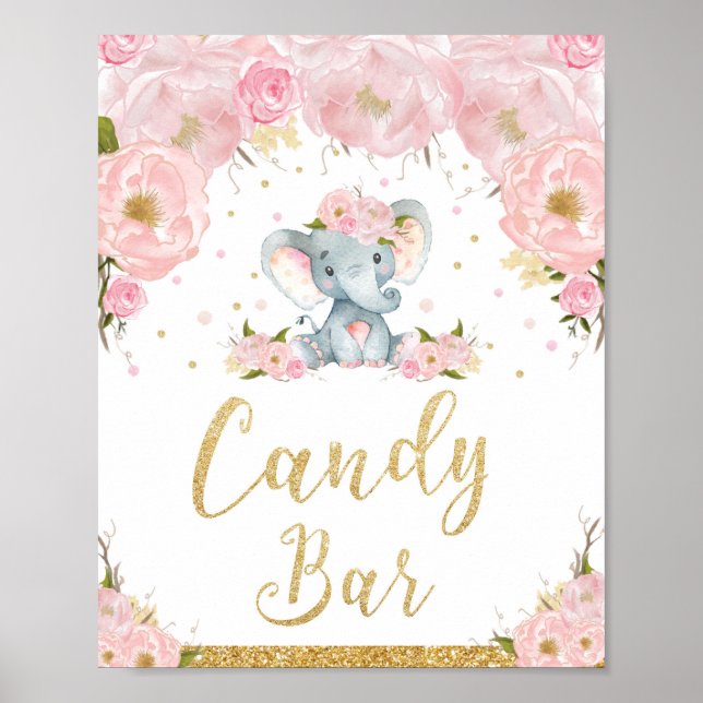 Affiche Panneau de Candy Bar pour Baby Shower Éléphant Flo (Devant)