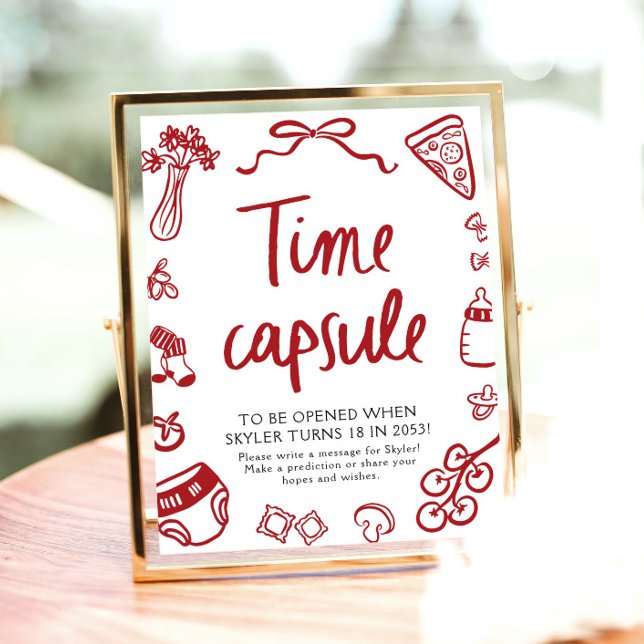 Affiche Panneau de capsule temporelle de baby shower itali (Italian Hand Drawn Baby Shower Time Capsule Sign)