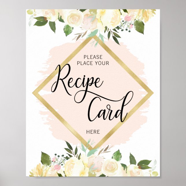 Affiche Panneau de carte de recette en or rose blush flora (Devant)