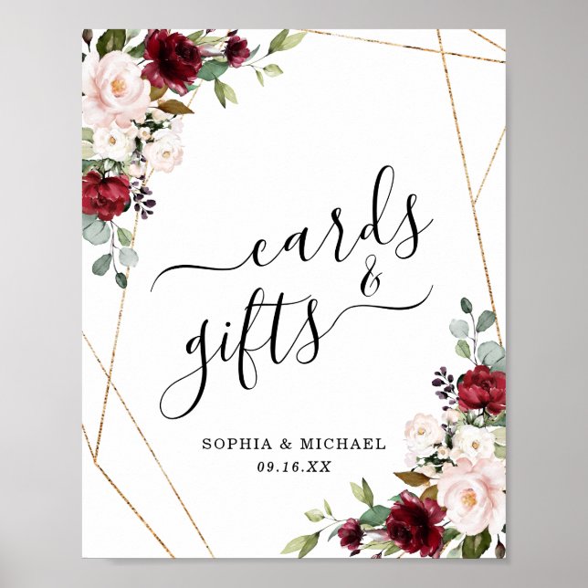 Affiche Panneau de cartes et cadeaux à fleurs bordeaux à c (Devant)