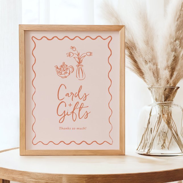 Affiche Panneau de cartes et cadeaux avec illustrations fa (handwritten cards and gifts sign in peach colour with doodles)