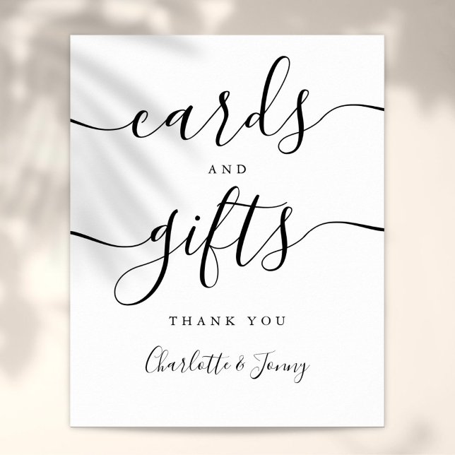 Affiche Panneau de cartes et cadeaux de script noir et bla (Black And White Script Cards And Gifts Sign)