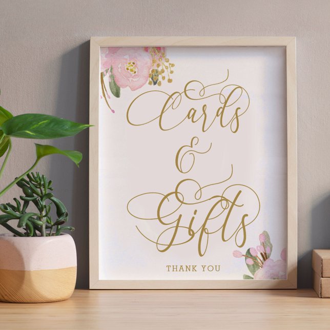 Affiche Panneau de cartes et cadeaux élégants fleurs rose  (Cards & Gifts Table Sign from my Pink and Gold Watercolor Floral Collection)
