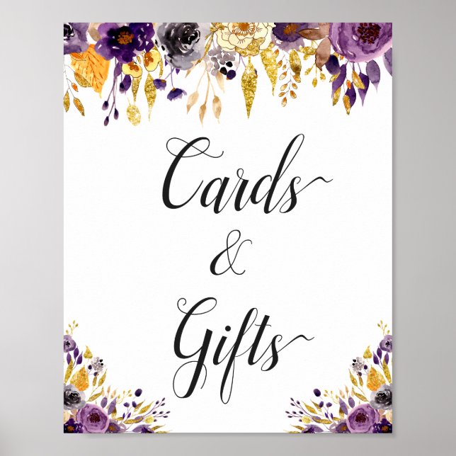 Affiche Panneau de cartes et cadeaux floraux d'or violet (Devant)