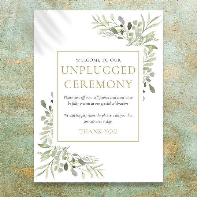 Affiche Panneau de cérémonie de débranchement de verdure a (Watercolor Greenery Unplugged Ceremony Sign)