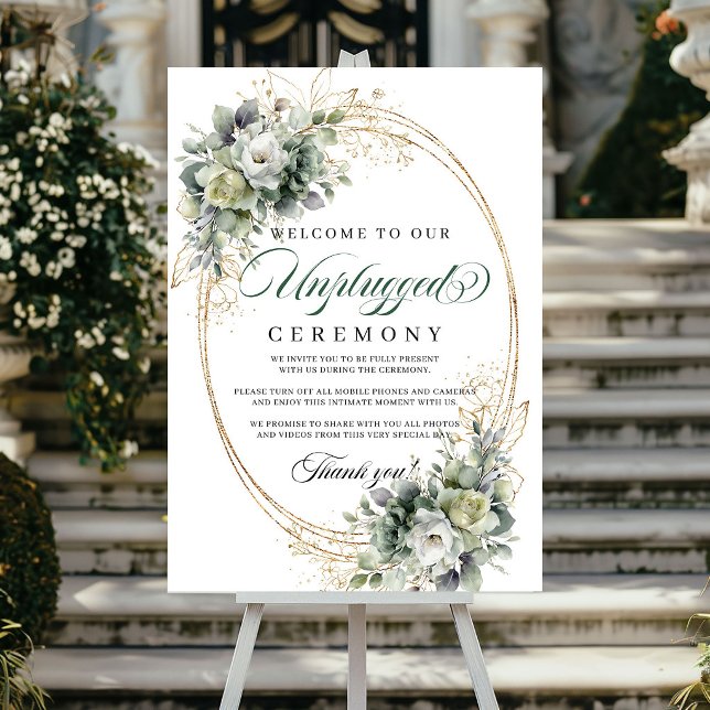 Affiche Panneau de cérémonie débranché Boho Greenery Décor (Boho Greenery Unplugged Ceremony Sign Gold Decor)