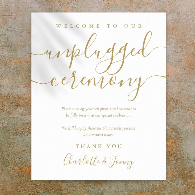 Affiche Panneau de cérémonie débranché écriture signature  (Gold Signature Script Unplugged Ceremony Sign)