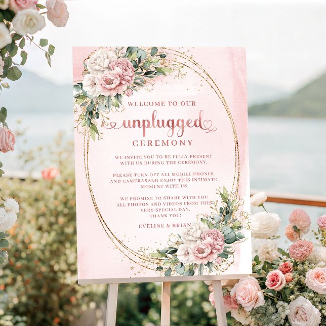 Affiche Panneau de cérémonie élégant Fleurs Rose Clair (Stylish Light Pink Floral Unplugged Ceremony Sign

)
