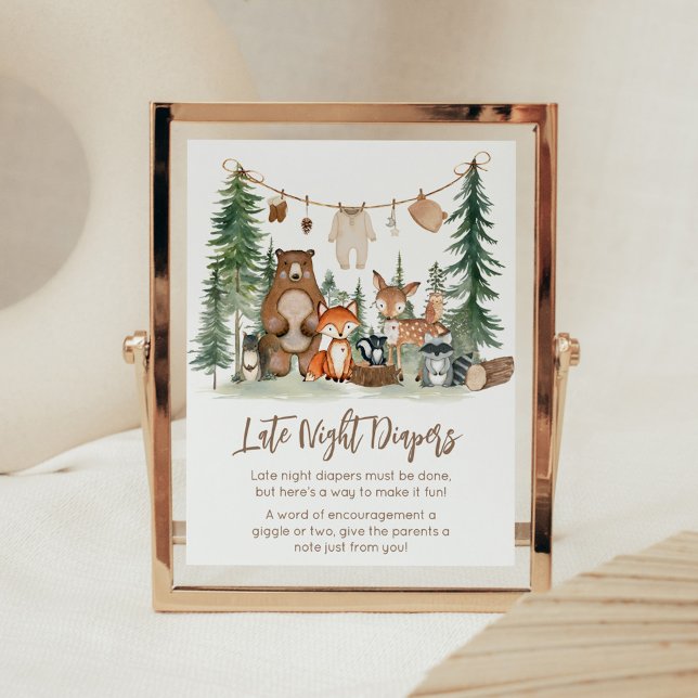 Affiche Panneau de changes de nuit pour animaux de la forê (Woodland Animals Adventure Awaits Rustic Baby Shower Sign)