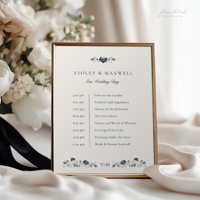 Affiche Panneau de Chronologie de Mariage Fleurie Bleu Mar (Navy blue floral Art Nouveau Wedding Timeline sign)