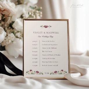 Affiche Panneau de Chronologie de Mariage Floral Bourgogne
