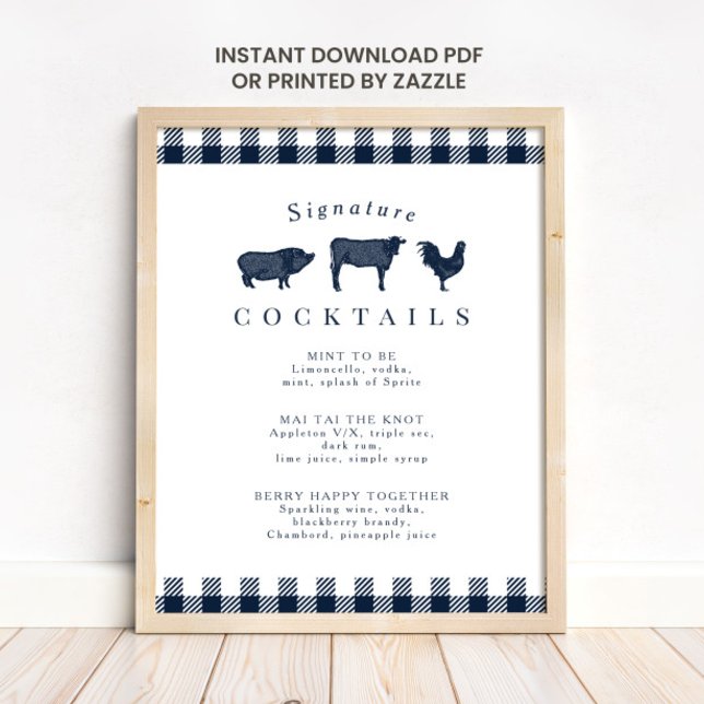 Affiche Panneau de Cocktail Mariage Rustique bleu Plaid (Créateur téléchargé)