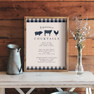 Affiche Panneau de Cocktail Mariage Rustique bleu Plaid
