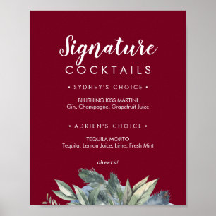 Affiche Panneau de cocktails signature Burgundy Greenery h